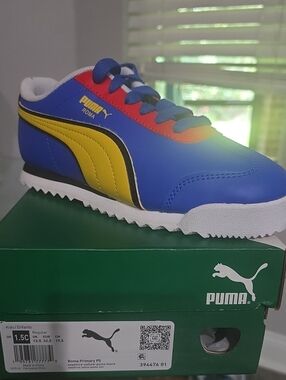 Puma Roma Kids Blue Sneakers with Yellow Stripe and Red Accent